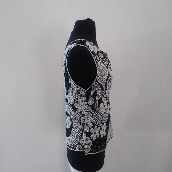 Paradise NY  Black/White  Beaded Silk Sleeveless Blouse Top, Size Large - Picture 2 of 5